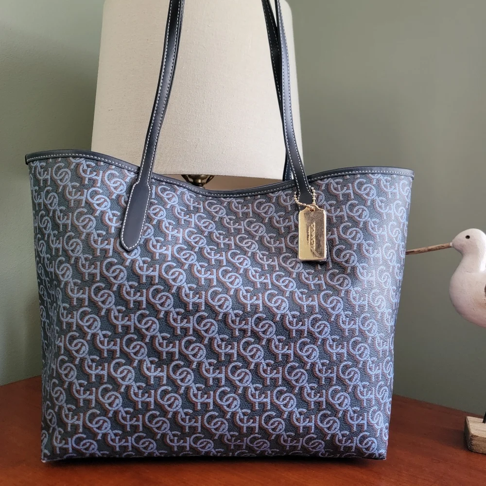 Coach CF342 City Tote Navy Blue Monogram Signature Canvas Leather NWT